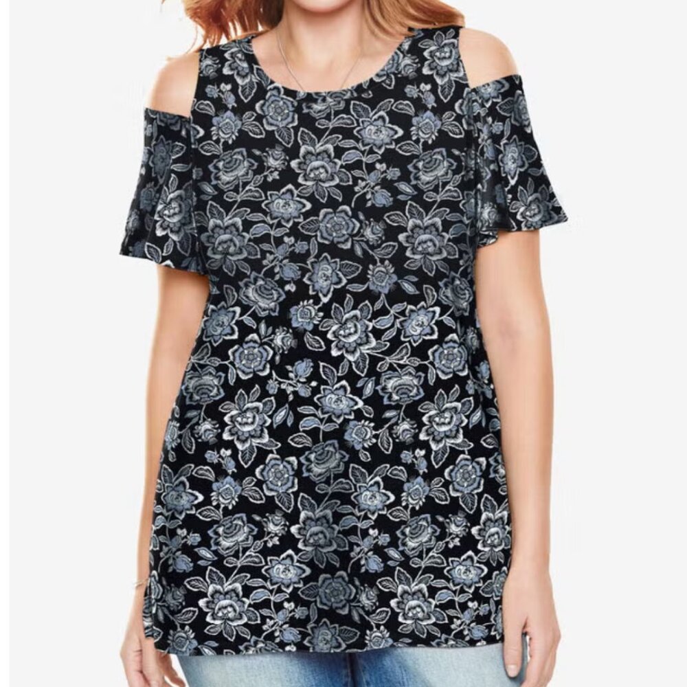 Black & White Short-Sleeve Cold Shoulder Plus Size 6x Tee Shirt Top # 46